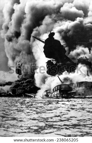 World War II, Pearl Harbor, Hawaii, the destruction of the USS Arizona, December 7, 194 1, official U.S. Navy photograph