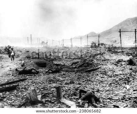 World War II charred bodies laying amongst the destruction from the Atomic Bombing of Nagasaki Japan