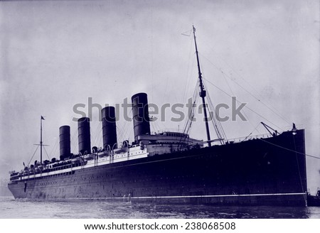 The RMS Lusitania, British ship torpedoed by a German submarine during World War I, ca 1907-1915.