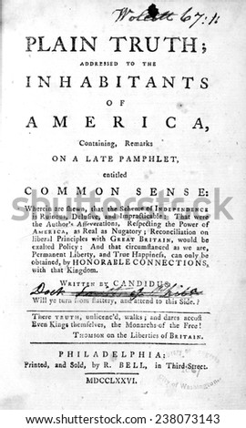 A response to Thomas Paine\'s Common Sense. Written by Candidus (James Chalmers). Printed and sold by R. Bell, in Third Street, Philadelphia, 1776.