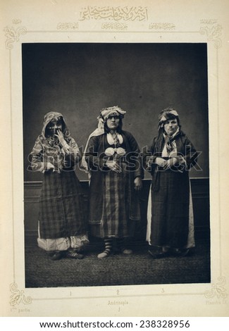 The Ottoman Empire, studio portrait of models wearing traditional clothing from Istanbul, photograph by Pascal Sebah, 1873.