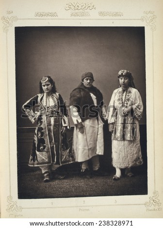 The Ottoman Empire, studio portrait of models wearing traditional clothing from Istanbul, photograph by Pascal Sebah, 1873.