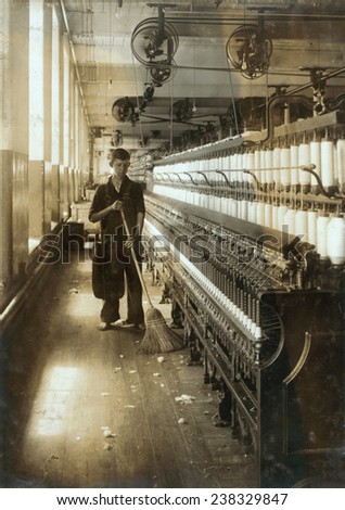 A textile mill worker, King Philip spinning room, sweeper and cleaner Adelaid Levesque, Fall River, Massachusetts, photograph by Lewis Wickes Hine, June 21, 1916.