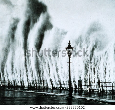 New England Hurricane Waves striking a seawall on th New England coast give the appearance of geysers erupting September 1938