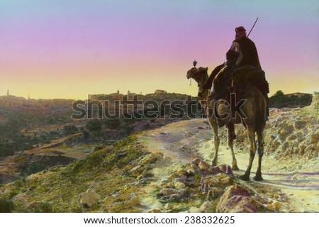 Man on a camel and horizon, Bethlehem, Juda, and Blue Galilee, hand colored photograph, 1925-1946.