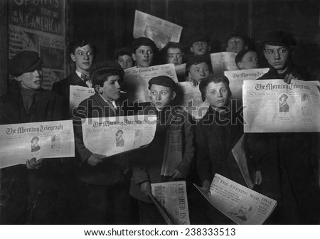 Newsboys, '2 A.M., Papers just out. Boys starting out on morning round. Ages 13 years and upward.', New York City, photograph by Lewis Wickes Hine, February, 1908