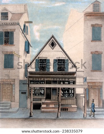 New York City. Exterior view of the Rigging House, 120 William Street, New York City, a 17th century building, formerly a Methodist church in the 1760s. Hand-colored lithograph, 1846