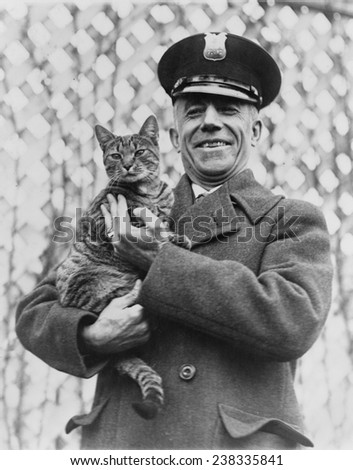 White House cat and pet of First Lady Grace Coolidge has been returned Benjamin Fink, guard at the Navy Department found Tige promenading around the Navy Building, photograph, circa March 25, 1924