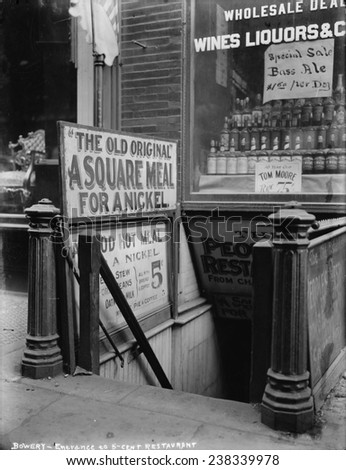 New York City, the Bowery, entrance to a five cent restaurant, photograph, circa 1910s-1920s.