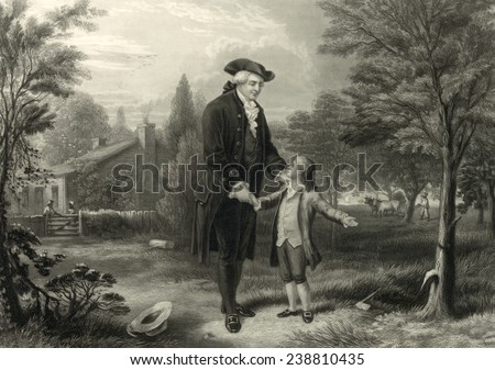 George Washington and the cherry tree. George Washington confesses to his father, Augustine Washington, engraving ca. 1846