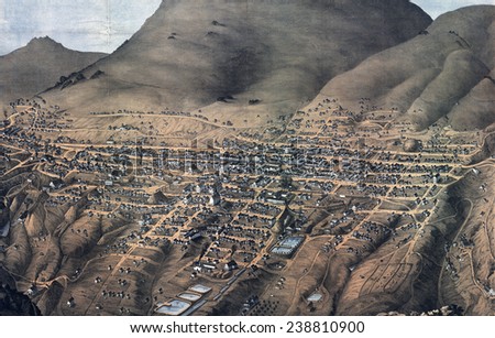 Birds eye view of Virginia City, Nevada. Drawn by Augustus Koch. color lithograph, 1875.