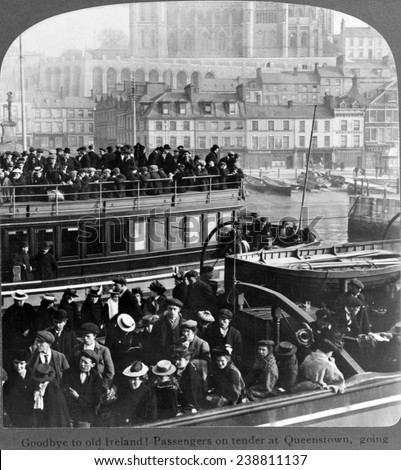 Immigration. Goodbye to old Ireland! Irish emigrants on a tender bound for an America-bound ocean-liner. Queenstown, Ireland, ca. 1903