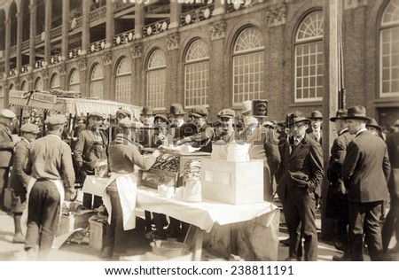 Baseball. Hot Dog vendors sell to fans at Ebbets Field, Brooklyn, New York. October 6, 1920
