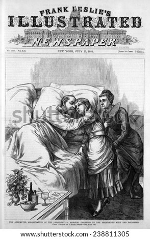 President Garfield, following assassination attempt, comforted by his wife and daughter. Woodcut, July 23, 1881