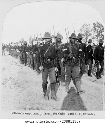 Buffalo soldiers of the 24th U.S. Infantry -- Tramp, tramp, tramp for Cuba! stereocard ca. 1898