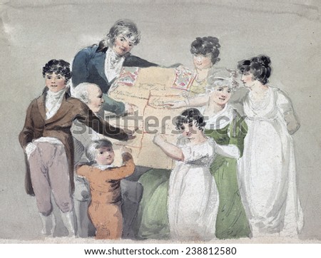 Family group - Smith, his wife and six children pointing at examples of their work. ca. 1809