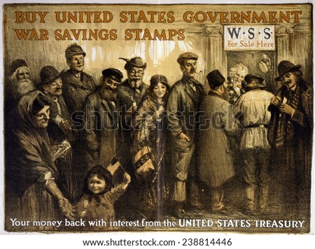 World War I, Poster showing a variety of people lined up at a window tended by Uncle Sam, beneath a sign \'W.S.S. for sale here.\' A little girl waves the American flag in the foreground, 1917.