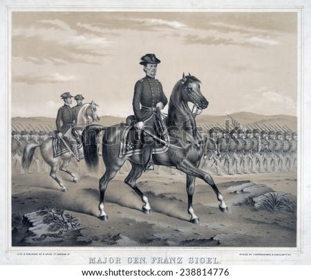 The Civil War. Major General Franz Sigel, full-length portrait, facing right, riding on horseback with troops marching in formation.Lithograph ca. 1862