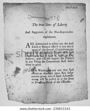 The American Revolution. Broadside encouraging action by the Sons Of Liberty. Boston 1768