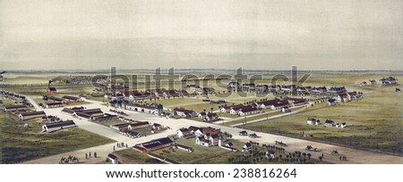 Birds eye view of Fort Reno, Oklahoma Territory 1891. Drawn by T. M. Fowler. color lithograph, 1891.