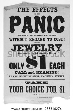 Panic of 1873. Bill advertising jewelry sale during the Bank Panic of 1873. Washington, DC 1873