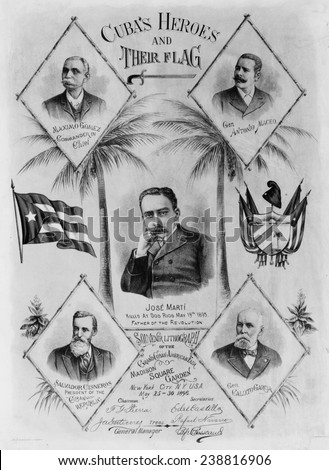 Cuba\'s heroes and their flag 1896 Portraits of Maximo Gomez, Gen. Antonio Maceo, Jose Marti, Salvador Cisneros, and Gen. Calixto Garcia. 1896
