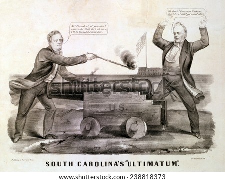 South Carolina's 'Ultimatum'. Editorial cartoon illustrating South Carolina governor Francis Pickens's threat of secession against President Buchanan. Currier & Ives engraving, 1861
