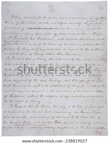 Compromise of 1850. Resolution introduced by Senator Henry Clay. Henry Clay\'s handwritten draft. 1850
