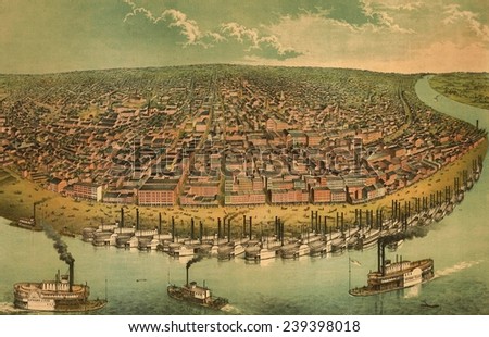 St. Louis, Missouri, as seen from above the Mississippi River. 1850s bird\'s eye view shows the active waterfront with steamboats. St. Louis was the entry point to the Western frontier.