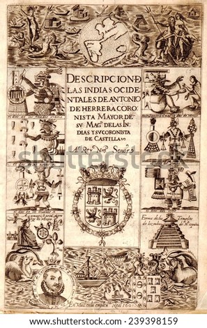 Title Page of 1610 book about the Natives of New Spain with portraits of Inca leaders, prominent Spaniards, native buildings, and scenes.