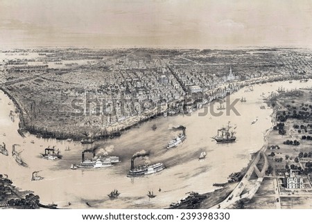 Birds\' eye view of New-Orleans in 1851,with dense riverboat traffic on the Mississippi River.