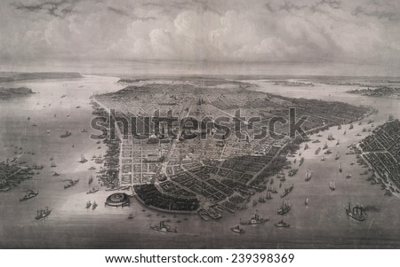 1851 bird\'s eye view of New-York, looking north over the length of Manhattan with Battery Park and Castle Garden in the foreground.