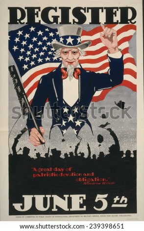 Uncle Sam and the American Flag on a World War I poster from 1917 encouraging men to register for military service in World War 1.