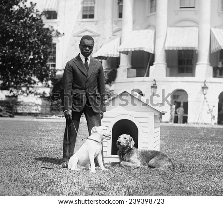 Mrs. Harding's dogs O'Boy & Laddie Boy attended by a member of the White House staff. Throughout the 20th century, the African Americans of Washington, DC have served as White House staff.