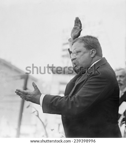 Ex-president Theodore Roosevelt gesticulating with arms as he speaks to a crowd at Yonkers, New York on 10-17-1910.