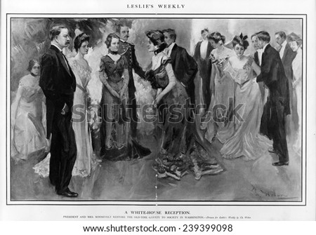 President and Mrs. Theodore Roosevelt with group at 1902 reception in the White House as Washington emerged from mourning assassinated President William McKinley. 18 year old Alice is in line.