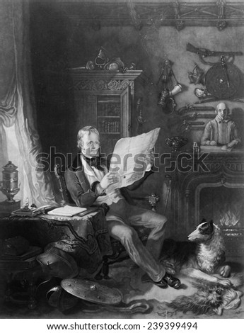 Sir Walter Scott (1771-1832), Scottish writer in his study at Abbotsford, surrounded by historical weapons, portraits, and statues related to the subjects of his novels.