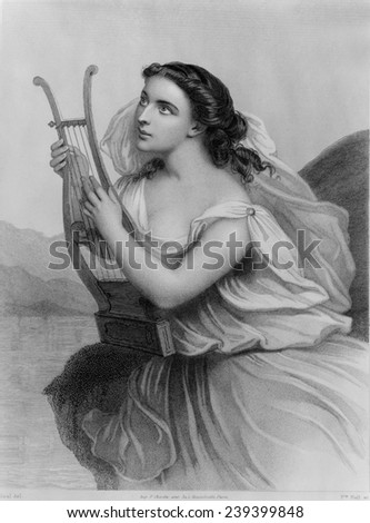 Sappho (610-570 BC) ancient Greek poet depicted holding lyre. 19th century engraving.