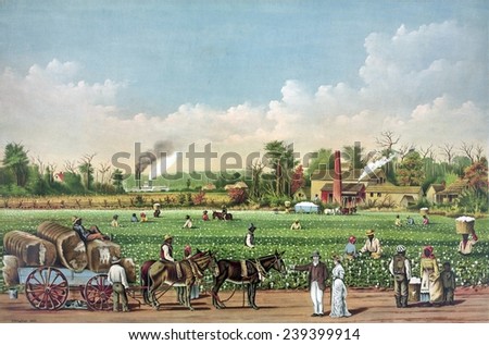 Idealized view of cotton plantation on the Mississippi River, with African American workers. Evocative of Southern antebellum era of pre-Civil War prosperity and slavery. Color lithograph, 1884