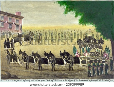 Abraham Lincoln\'s funeral car in New York City on April 26th, 1865 in folk art style painting. Lincoln\'s funeral train left Washington on April 21, 1865 to arrive at Springfield for burial May 4th.