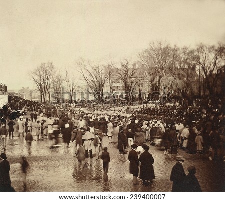The crowd at Abraham Lincoln\'s second inauguration 1865 shows a rain soaked street. March 4, 1865.