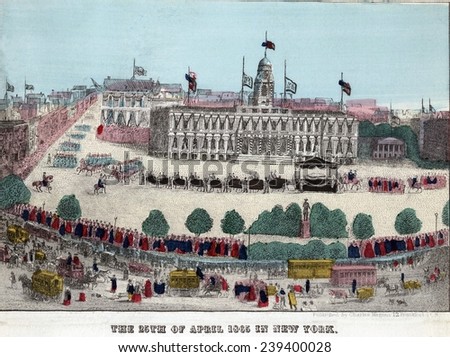 Abraham Lincoln\'s funeral car and procession in front of City Hall on April 25th, 1865.