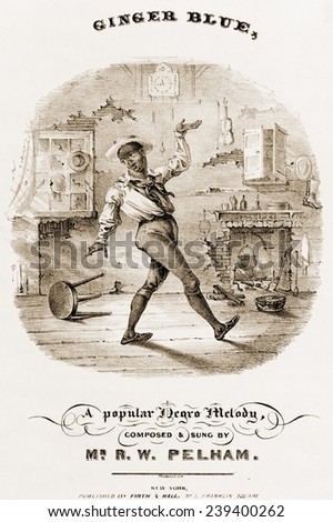 Sheet music cover showing an African American dancing in dilapidated room, with kettle in fireplace. Antebellum depictions stereotyped African Americans as singing, dancing, grinning innocents.