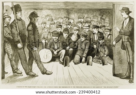 Newsboys and bootblacks in the Grand Duke\'s Theater, in Five Points neighborhood, of New York City. Served the poor neighborhood with low cost entertainment from 1872-1887. The Mulligan Guards. 1874.