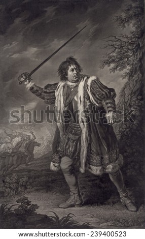 David Garrick (1717-1779), English actor, as Shakespeare's Richard III. Mezzotint by John Boydell, after painting by Nathaniel Dance. 1772.