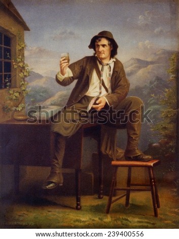 Joseph Jefferson (1829-1905), American actor, in scene from the play, RIP VAN WINKLE. \'Dis von don\'t count!\' says Rip as he drinks the liquor that makes him sleep for 20 years. ca.1875.