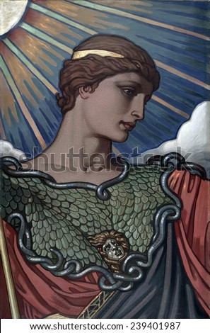 Minerva, goddess of war and Roman counterpart of Athena. 1896 painting by American mural painter Elihu Vedder.