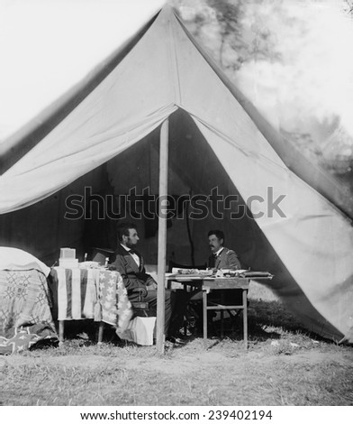 President Lincoln and Gen. George B. McClellan in general\'s tent following the Battle of Antietam, Sept. 17, 1862. Lincoln dismissed McClellan a month after this photo was taken by Alexander Gardner.