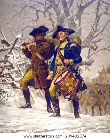 Continental Army color guard, playing fife and drum, marching in winter during the American Revolution, 1776-1783.