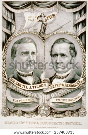 1876 Grand National Democratic banner with candidates Samuel J. Tilden and Thomas A. Hendricks. The Tilden-Hendricks banner, states their campaign theme of federal reform.